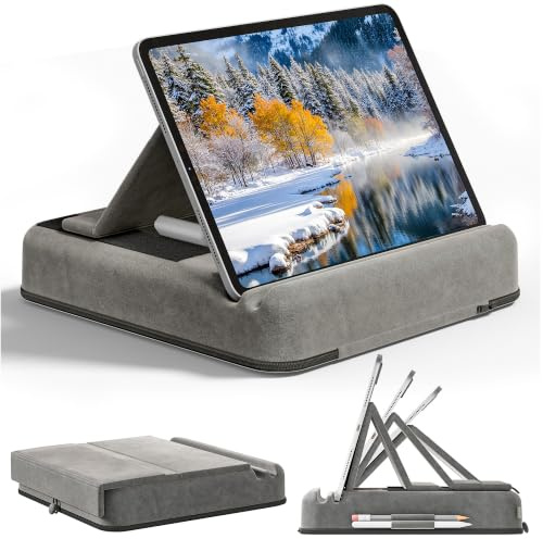 TabHolderix Tablet Halter Kissen, Faltbarer ipad Halterung für Bett, Tablet Halterung Kissen mit Stifthalter & Aufbewahrungstasche, Kompatibel für 4,7–13-Zoll iPad, iPhone, Kindle, Galaxy Tabs, Grau