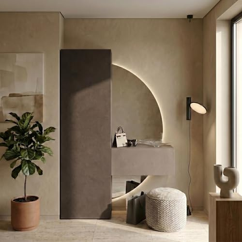 Mobile Ingresso Moderno a Terra 123x186x30 cm Made in Italy - Mobiletto Ingresso Salvaspazio con Specchio Mezzaluna Retroilluminato LED - Soggiorno con Ante Apertura Ribalta e Battente (Lava e Bronzo)