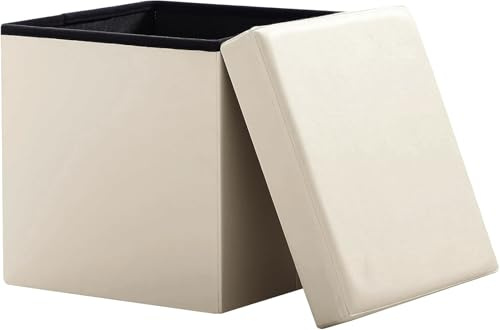 Zedelmaier Sitzhocker mit Stauraum, faltbar, 38 x 38 x 38 cm, Beige | PVC-Kunstleder, gepolstert, bis 150 kg belastbar; als Fußhocker, Sitzwürfel und Aufbewahrungsbox für Wohn- und Schlafzimmer
