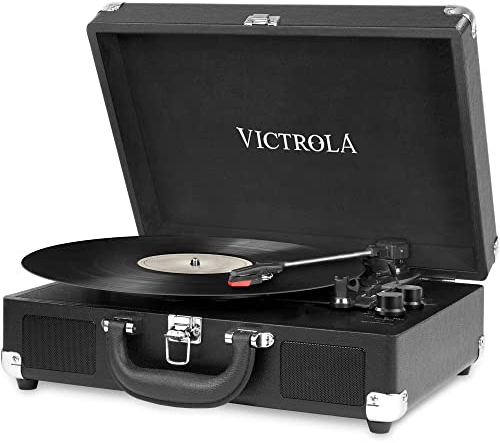 Victrola Suitcase, Tocadiscos Portátil Bluetooth 3 Velocidades, Negro