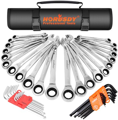 HORUSDY Ratcheting Wrench Set | 48-Piece | Cr-V Steel | 72 Teeth Ratchet Wrench 6-18mm & SAE 1/4-3/4 | with Roll Up Pouch and Allen Wrench