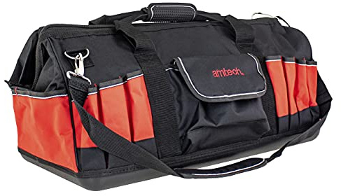 Amtech - Tool Bag, Heavy Duty Large Tool Storage with Reinforced Hard Base, for Home DIYers, Electricians, Technicians, Plumbers, and More, Non-Slip Grip, Adjustable Strap (600mm)