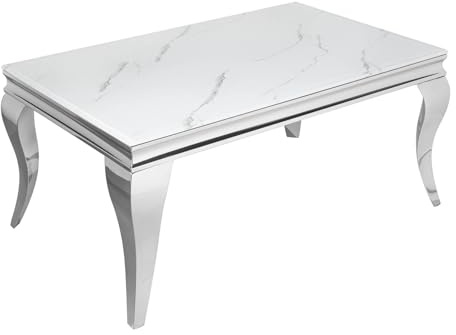 invicta INTERIOR Eleganter Couchtisch MODERN BAROCK 100cm Glasplatte in Marmoroptik Edelstahl Beine Wohnzimmertisch