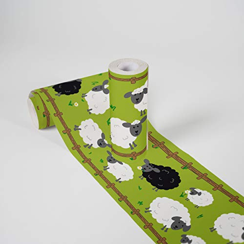 Lovely Kids Kinderzimmer Bordüre selbstklebend Sheep Family Wandbordüre mit niedlichen Schafen für Babyzimmer und Kinderzimmer Wandtattoo für Mädchen und Jungen in grün, weiß, schwarz, braun