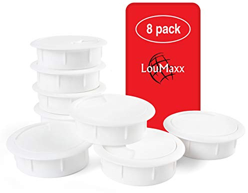 LouMaxx Kabelgenomföring skrivbord vit – uppsättning med 8 kabelgenomföring 60 mm Ø – bordskabelgenomföring av robust plast – exakt kabelhålsskydd med robust bordskabel