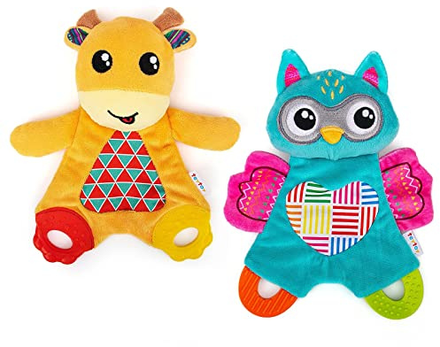 teytoy 2 Pcs Crinkle Toys for Baby with Teether, Baby Teething Sensory Toys Newborn Bib Saliva Soother Towel, Soft Snuggle Sleeping Security Blanket for Unisex Babies 0-36 Months Gifts(Owl and Deer)