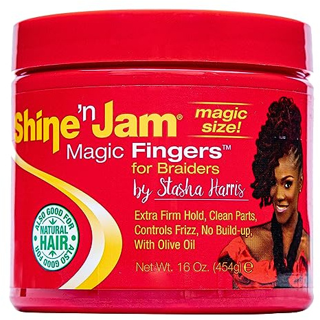 Ampro Shine-n-Jam Magic Fingers Gel para trenzas, proporciona fijación firme con brillo no graso, fortalece el cabello con proteínas de seda, actúa en cualquier estructura del cabello y permite la cr