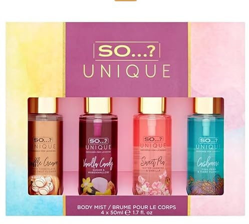 So…? Unique Mini Mist Womens Gift Set with Vanilla Candy, Sweet Pea, Truffle Cream, & Cashmere, Body Mist Fragrance Spray Set (4 x 50ml.)
