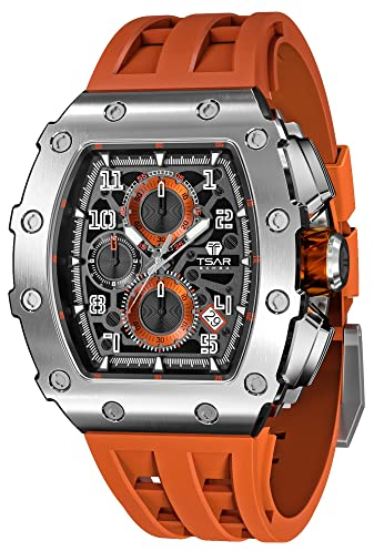TSAR BOMBA Herrenuhr Luxus Tonneau Carré 50M Wasserdicht Edelstahl Saphir Chronograph Datum Multifunktions Japanisches Quarzwerk Mode Einzigartiges Design Cool Silikonband Elegantes Geschenk Uhr