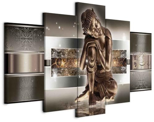 B&D XXL - Tableau Acoustique 200x100 cm 5 Parties - Décoration Murale Anti-Bruit Isolation Phonique Bureau Chambre Panneau Insonorisant Impression sur Toile - Bouddha Zen Or Glamour 020113-289