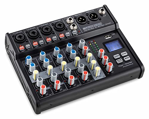 Pronomic B-603 Mini-Mixer Bluetooth con Grabación USB - 6 canales, 4 con entradas combo, phantom y Hi-Z - Puerto USB - Salidas XLR - Compacto y negro.