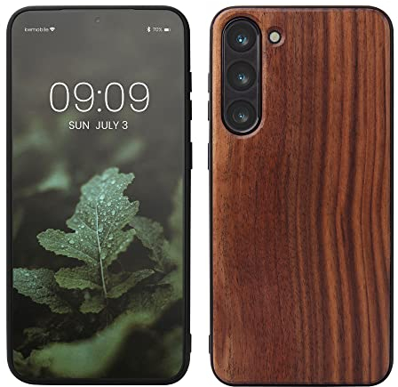 kwmobile Housse Compatible avec Samsung Galaxy S23 Pluscoque - Étui de Protection Rigide en Bois avec Cadre en TPU - Brun foncé