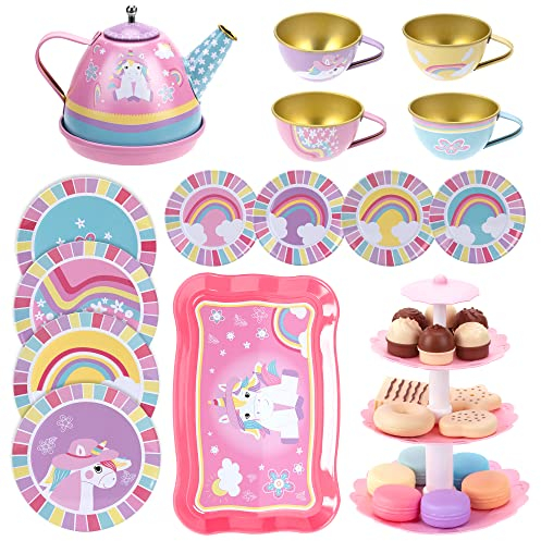 Teeservice Kinder Metall Tee Einhorn Spielzeug Dessert, Teeparty Rollenspiel Spielgeschirr, Kaffeeservice Toy mit Tragekoffer für Kleine Mädchen 3 4 5 6 7 Jahren Geburtstag Geschenk