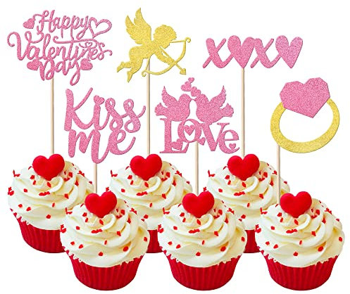 24 Stück Happy Valentine's Day Cupcake Toppers Glitzer Amor Ring Sweet Love Cupcake Picks Kiss Me Hochzeit Brautdusche Kuchen Dekorationen für Valentinstag Thema Geburtstag Party Supplies Rosa