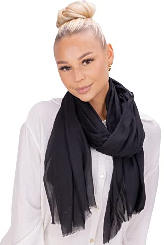 Lolus Eleganter dünner, leichter und weicher Uni Damen Schal mit kurzen Fransen - Alessandra (A29 schwarz)