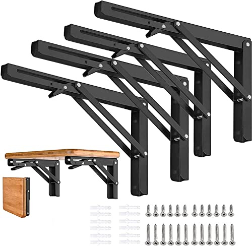 AUTOHJ Folding Shelf Brackets 24 inch 4 Pcs - DIY Wall Mounted Shelf Bracket for Garage Workstation, Stuff Supports, Plant Stand - Heavy Duty Metal Collapsible Floating Shelf Bracket Black