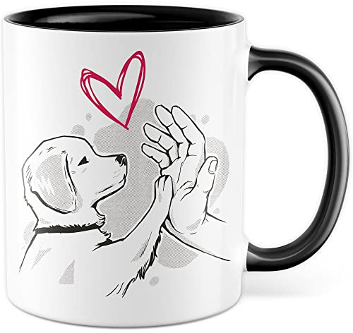 Tasse Hund & Mensch Geschenk Welpe Geschenkidee Herrchen Frauchen Hundemama Hundepapa Vierbeiner Comic Kaffeetasse mit Hundemotiv Kaffee-Becher Hund mit Mensch Teetasse Hand und Pfote (Weiß/Schwarz)