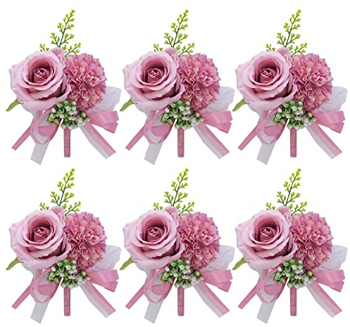 6 Stück Boutonniere Rose Hochzeit Künstliche Handgefertigte Satin Hochzeit Ansteckblume bräutigam Trauzeugen Handarbeit Corsage Knopfloch Blumen für Bräutigam Herren Braut Frauen,Lila