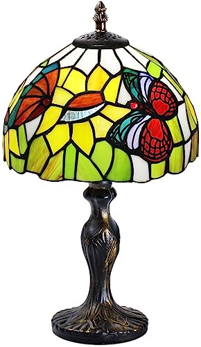 7CDXD Stained Glass Lamp, Small Vintage Table Lamp with Handcraft Stained Glass Lampshade and Metal Base for Decorate Bedroom Living Room Study Office Bar