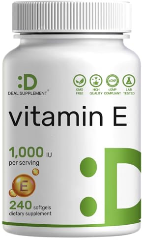 Vitamin E Supplements, 1,000 IU Per Serving, 240 Softgels – Extra Strength Antioxidant Protection – Bioavailable Stable Form – Skin, Heart, Brain, & Immune Support – Non-GMO