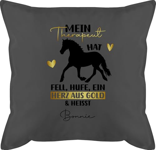 Kissen 50x50 - Pferd Pferde - Mein Therapeut hat Fell, Hufe und ein Herz aus gold - 50 x 50 cm - Grau - rappe pferdekissen reiter fell schmusekissen personalisierte geschenke horse pillow with name