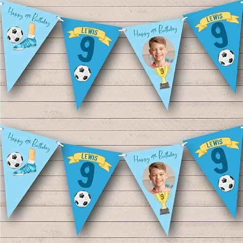 Fingerprint Designs 9th Birthday Boy Kids Football Sport Yellow Photo Any Age Personalised Bunting
