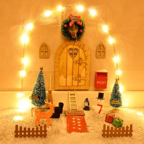 aifulo Wichteltür Zubehör Weihnachten Set, 25PCS Wichteltür Komplettset mit Nissedor Miniatur Holz Wichtel Tür, Schneemann, Briefkasten, Stiefel, Elche, Zaun, Weihnachtsdeko für Kinder Geschenke