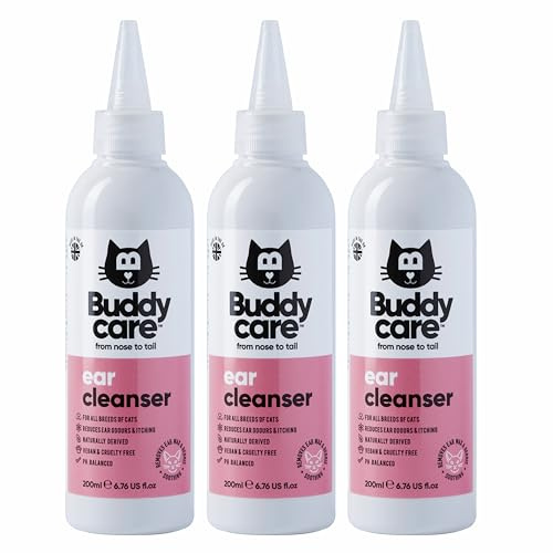 Limpiador de orejas de gato por Buddycare | Solución de limpieza calmante de oídos para gatos | Ingredientes derivados naturalmente con aloe vera (200 ml x 3)