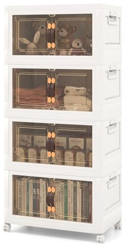 COSTWAY Faltbare Aufbewahrungsbox mit Deckel, 135 L Boxen Aufbewahrung, 4er Set Kunststoffbox stapelbar, Aufbewahrungsbehälter mit Rollen & Türen, Stapelboxen Kunststoff, 49,5x31,5x112,5cm, Weiß