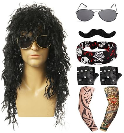 80er-Jahre-Kostüm, Herren-Perücke, Rockstar-Kostüm, Weltbuchtag, 70er / 90er Punk, Gothic, Rocker, Schwermetall (Perücke + Sonnenbrille + Handschuhe + Bandana + Tattoo-Ärmel) Halloween-Zubehör-Set