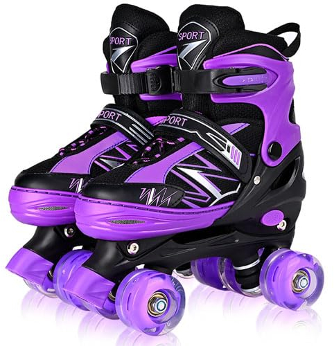 LOKJIJI Rollschuhe für Kinder Jungen Mädchen Anfänger, Einstellbar 4 Größen für Kinder und Jugendliche Teenager, Quad Schwarz & Violett Rollschuhe für Sport (Medium_32-36 EU)