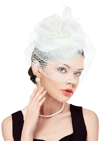 dressfan Fascinator Stirnband Hut Damen Vintage Stirnband Hochzeit Schleier Hut Blume Mesh Feder Gatsby Haarreif 20er 50er kopfschmuck Haarschmuck für Hochzeit/Cocktail/Gatsby/Teeparty/Karneval,Beige