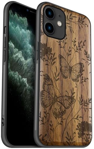 Carveit Coque en Bois pour iPhone 11 Étui Protection Artistique Cover TPU Souple de téléphone Antichoc Compatible avec Apple 11 Etui (Noyer-Danse de Papillons)