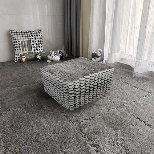Interlocking Carpet Shaggy Soft EVA Foam Mats Fluffy Square Interlocking Carpet Tiles Protective Floor Tiles Exercise Play Mat for Children Kids Room Home Parlor Bedroom (Grey, 12 Pcs)