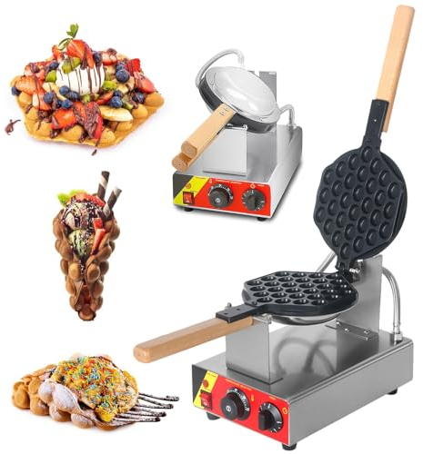 Máquina para hacer gofres de burbujas comercial, plancha para gofres de burbujas eléctrica con revestimiento antiadherente y termostato manual, giratorio de 180°, hacer conos de helado caseros