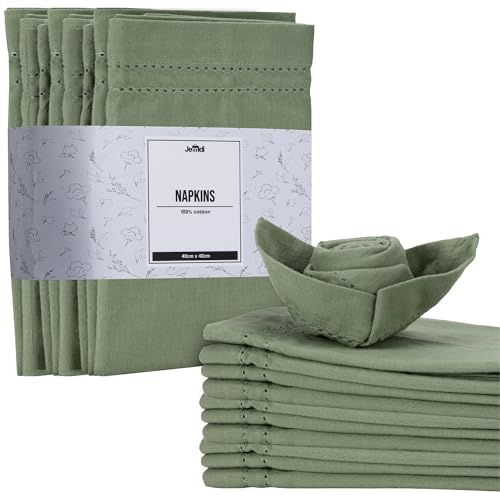 JEMIDI Set da 12 Tovaglioli Cotone Verde - Tessuto Certificato Oeko-Tex - in Stoffa Effetto Lino - per Tovaglia Pasquale Natalizia - Centrini Moderni per Mobili Camera da Letto