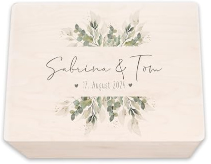hellomini Personalisierte Erinnerungskiste aus Holz - Geschenk zur Hochzeit | Individuell mit Namen & Datum - Hochzeitsgeschenk/Hochzeitskiste (Blätter, XL: 60x40x23cm)