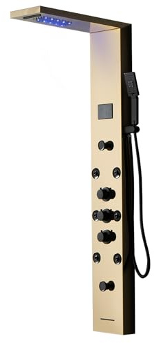 Bathfinesse Gold Shower Panel System with LED Light & LCD Temperature Display，5 IN 1 Modes Bathroom Massage Shower Tower Wall Mount, Brushed Gold