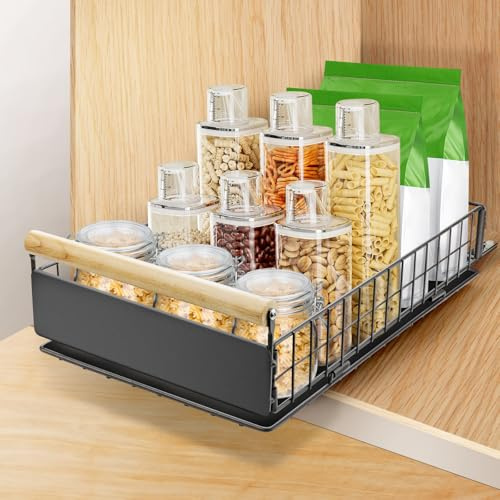 AirOpen Ausziehbare Schublade Küche, Hochwertiger Karbonstahl Ausziehbarer Schrank Organizer, Ultraleise Teleskopschublade，Geeignet für Küche, Bad, Speisekammer 40cm x 23cm x 11cm(Grau)