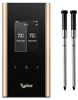 Typhur Sync Gold Wireless WiFi Termometro per carne, 2 sonde sottili, 6 sensori, segnale 10x più forte, precisione ± 0,-15 °C, configurazione diretta base intelligente, lettura affidabile attraverso