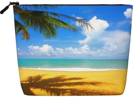 WSHFFILO Sunset Palm Printed Fake Hemp Makeup Bag Travel Toiletry Bag Cosmetic Bag Clutch Bag