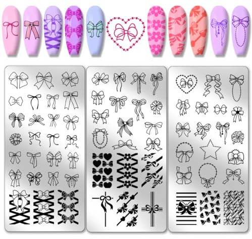 PH PandaHall 66 Patterns Bow Nail Stamper, 3 pz Piastra per Stampaggio Unghie Carino Fiocco Nail Art Stencil Stampa Stencil per Unghie per Nail Design Stampa Manicure Salon