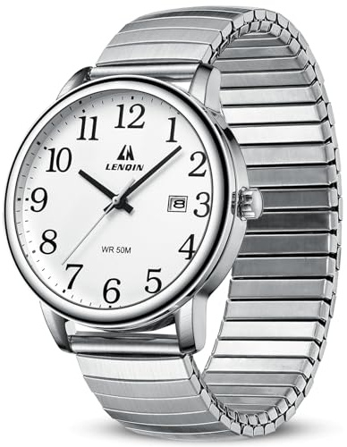 LN LENQIN Mens Watches Stainless Steel Analog Quartz Watches for Men Easy Reader 38 mm Fashion Business Waterproof Men's Wrist Watches with Date and Expansion Band (Black) (White)
