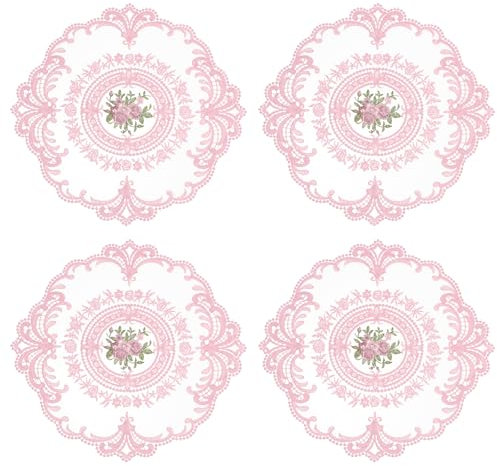 QUARKZMAN 4Pcs Tovagliette Retrò in Pizzo, Centrini Francesi All'uncinetto Rotondi Ricamati Sottovaso Cavo per Tavolo da Pranzo Cucina Festa 28x28cm, Rosa Chiaro