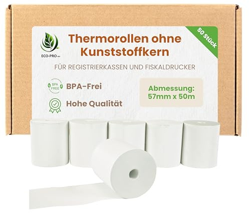 ECO - PRO PAP - Thermorollen ohne Plastikkern 57 mm x 50 m, Kassenrolle aus BPA-freiem Thermopapier, Bestimmt für Registrierkassen und Fiskaldrucker - Packung mit 50 Stück