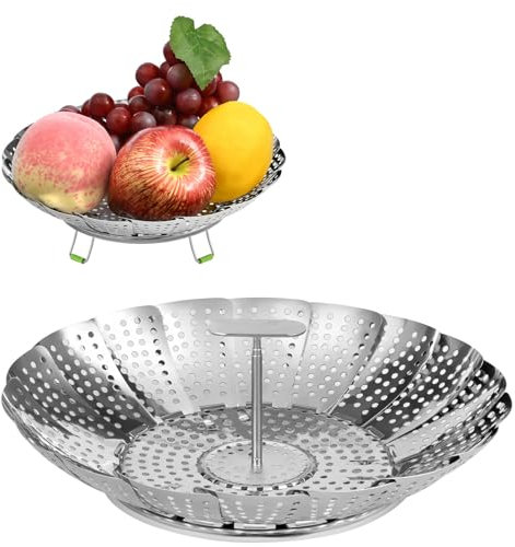 ABOHU Cesta Vaporera Plegable de Acero Inoxidable 11'' Steamer Cesta Plegable Vaporera con Mango Retráctil, Inserto de Vapor Ajustable de Vapor Vaporera Extensible para Cocinar Alimentos