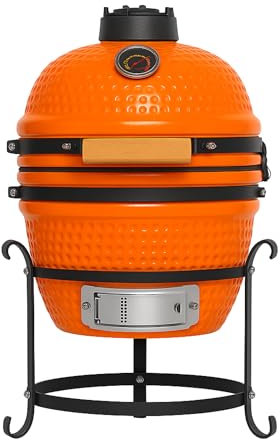 Barbacoa Kamado Mini de cerámica – Ø32 cm – Termómetro integrado – Mango de madera – Color naranja – Ideal para jardín, terraza, camping