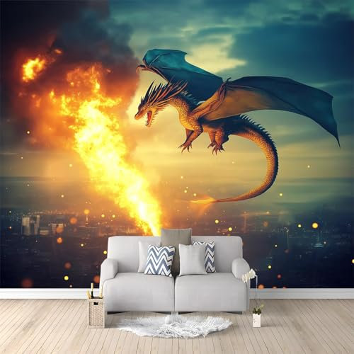 Murales Papel Pintado 3D Dragón De La Ciudad De Fantasía 250x175 cm Fotomurales Póster No Tejido, Decoración Pared Papel Pintado Mural para Salon, Dormitorio, Oficina