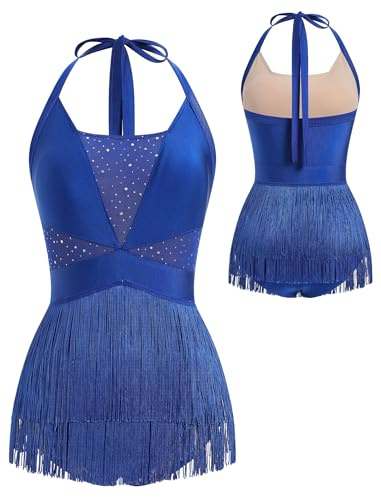 FYMNSI Latein-Tanzkostüm für Damen, Strass, Netz-Body, rückenfrei, Neckholder, V-Ausschnitt, einteiliger Fransen-Quaste, Jumpsuit, Tanz-Outfit, königsblau, S