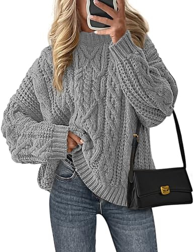 PRETTYGARDEN Women's Oversized Fall Sweaters 2026 Casual Long Sleeve Crewneck Chunky Cable Knit Pullover Tops Winter Clothes (Grey,Medium)